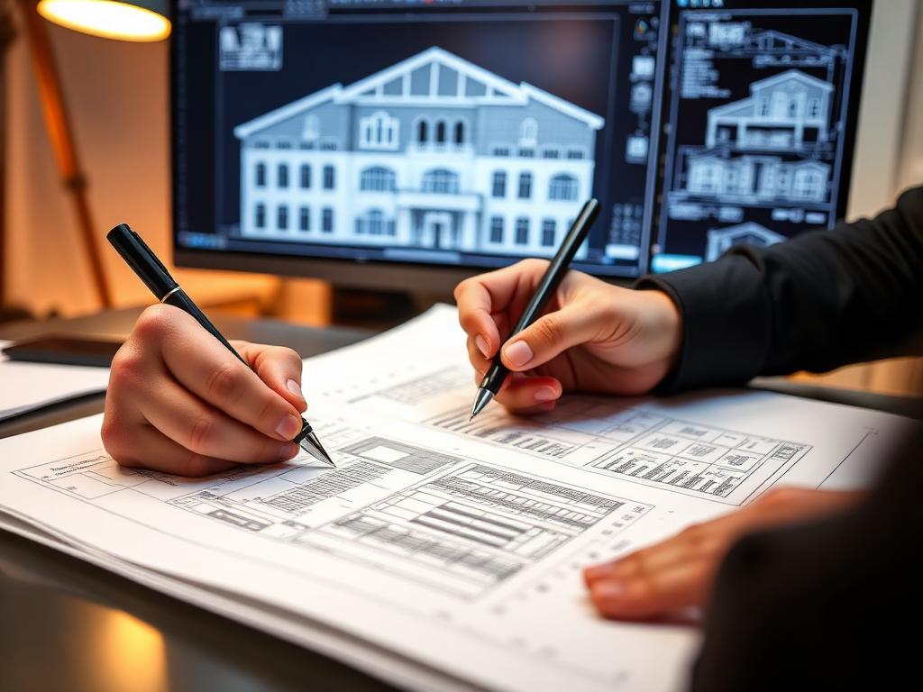 Архитекторы работают над чертежами фасада